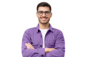 Handsome smiling man in brown shirt and glasses